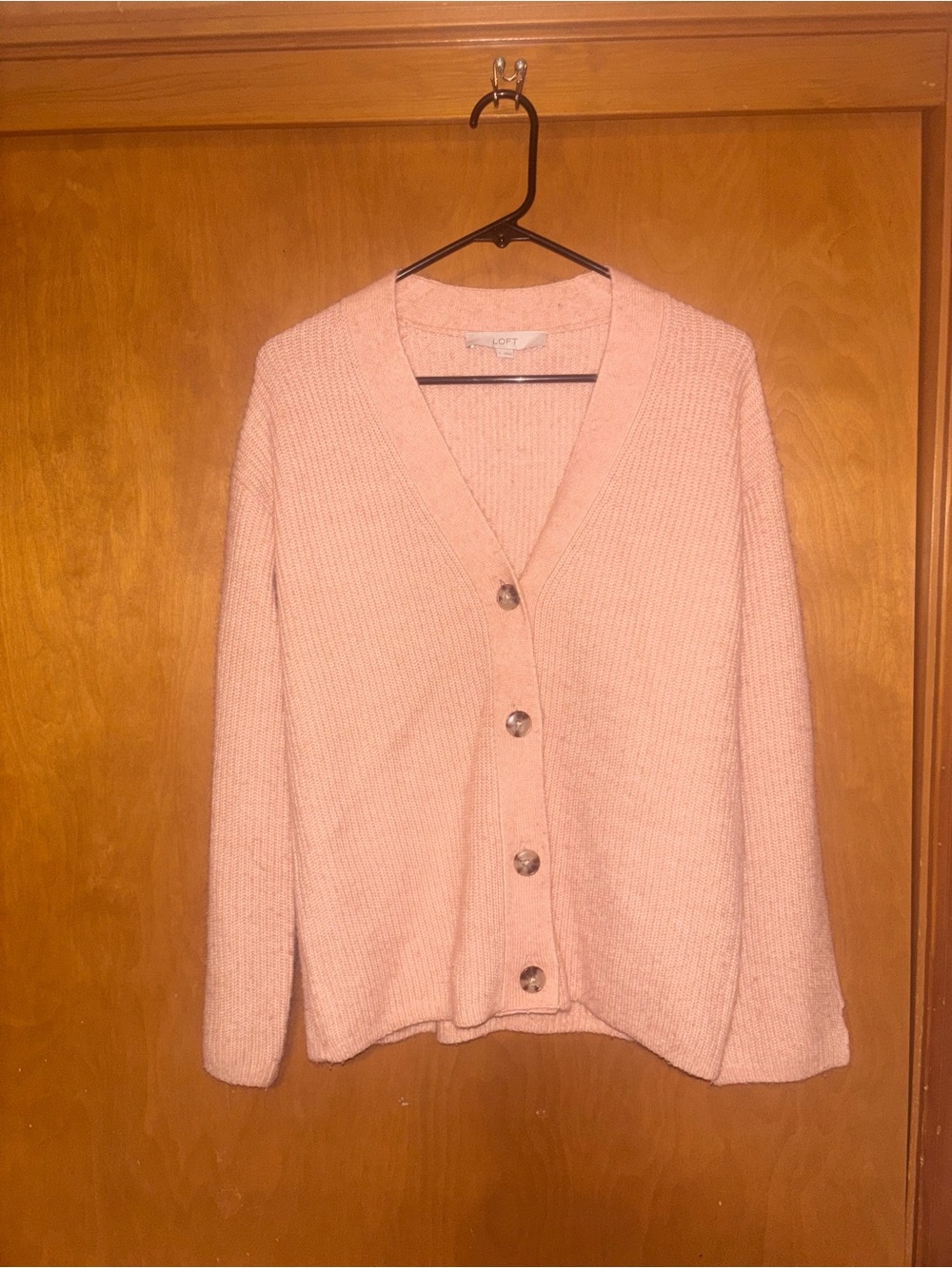 LOFT Pink Ribbed Knit V-Neck Button Cardigan Sweater Women's Size S